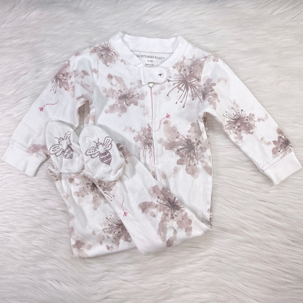 Burt’s Bees Baby dusty pink floral footed pajamas, size 6-9 months